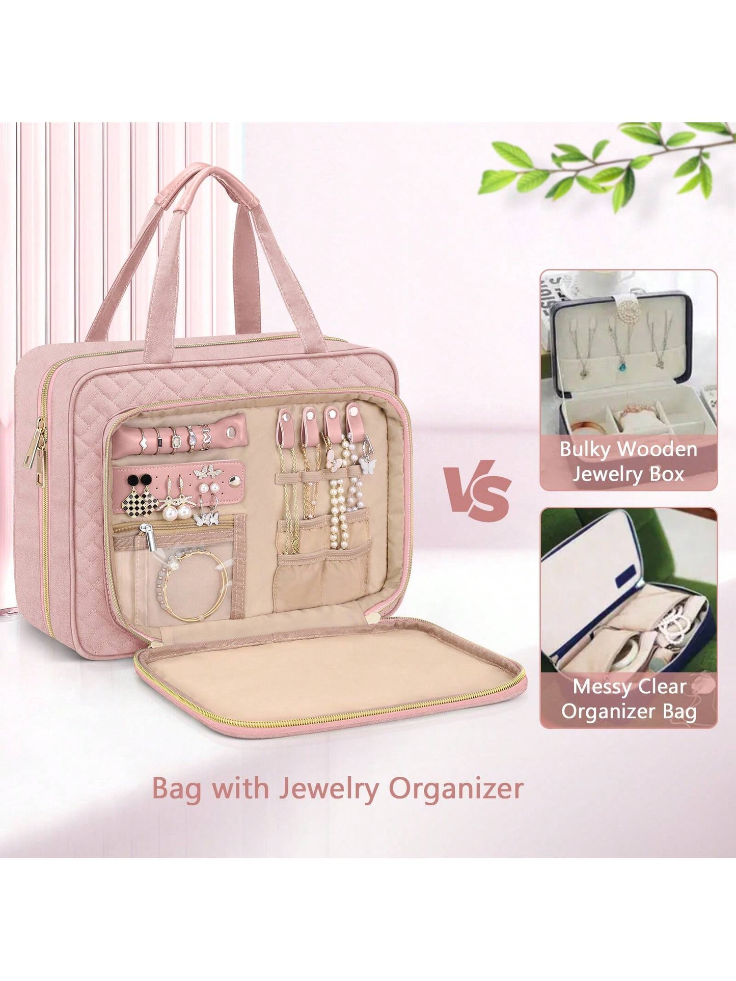 Large Capacity Hanging Toiletry Bag Partitioned Storage Makeup Cosmetic Organizer With Jewelry Compartment For Cruise, Travel And Weekend Trips