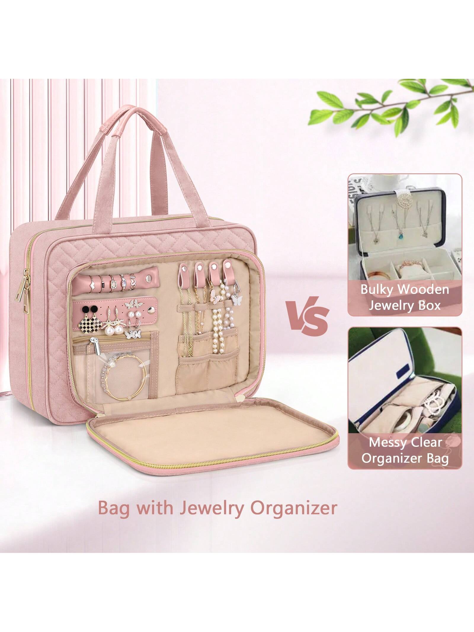 Large Capacity Hanging Toiletry Bag Partitioned Storage Makeup Cosmetic Organizer With Jewelry Compartment For Cruise, Travel And Weekend Trips