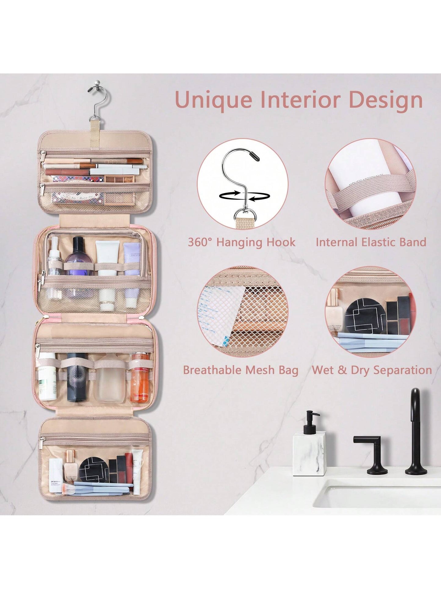 Large Capacity Hanging Toiletry Bag Partitioned Storage Makeup Cosmetic Organizer With Jewelry Compartment For Cruise, Travel And Weekend Trips