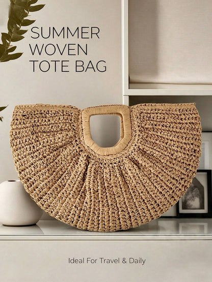 Large Capacity Straw Woven Clutch Bag, Boho Straw Handbag, Cloud Shaped Semi-Circle Design, Summer Travel Beach Bag For Daily Shopping, Straw Bag