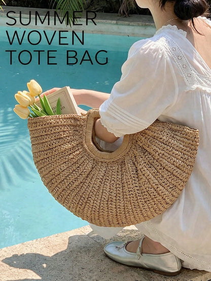 Large Capacity Straw Woven Clutch Bag, Boho Straw Handbag, Cloud Shaped Semi-Circle Design, Summer Travel Beach Bag For Daily Shopping, Straw Bag