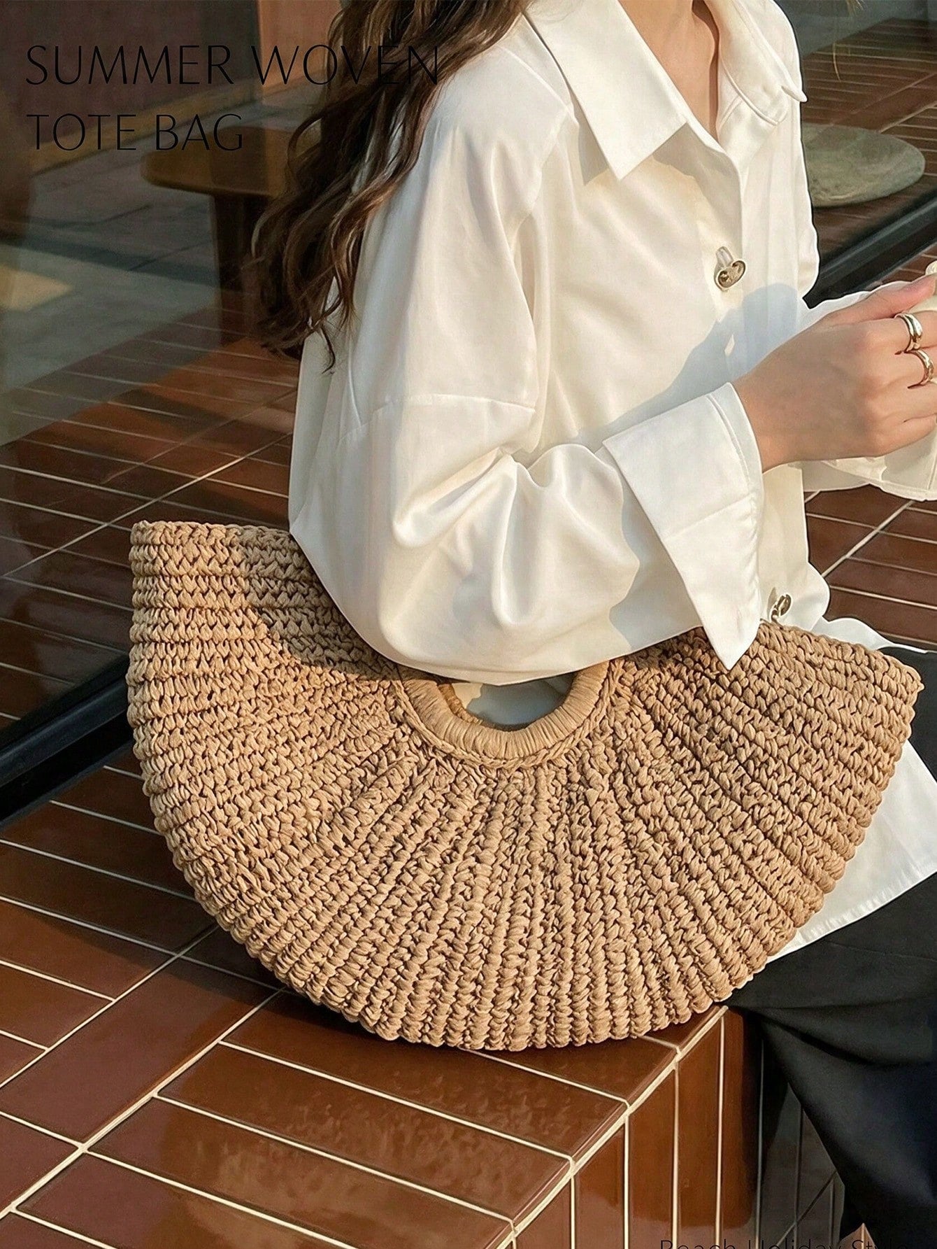 Large Capacity Straw Woven Clutch Bag, Boho Straw Handbag, Cloud Shaped Semi-Circle Design, Summer Travel Beach Bag For Daily Shopping, Straw Bag