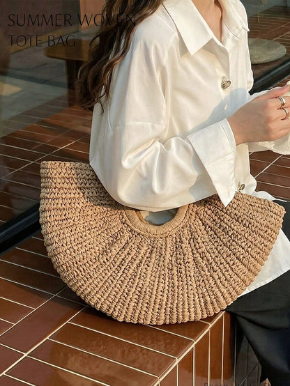 Large Capacity Straw Woven Clutch Bag, Boho Straw Handbag, Cloud Shaped Semi-Circle Design, Summer Travel Beach Bag For Daily Shopping, Straw Bag