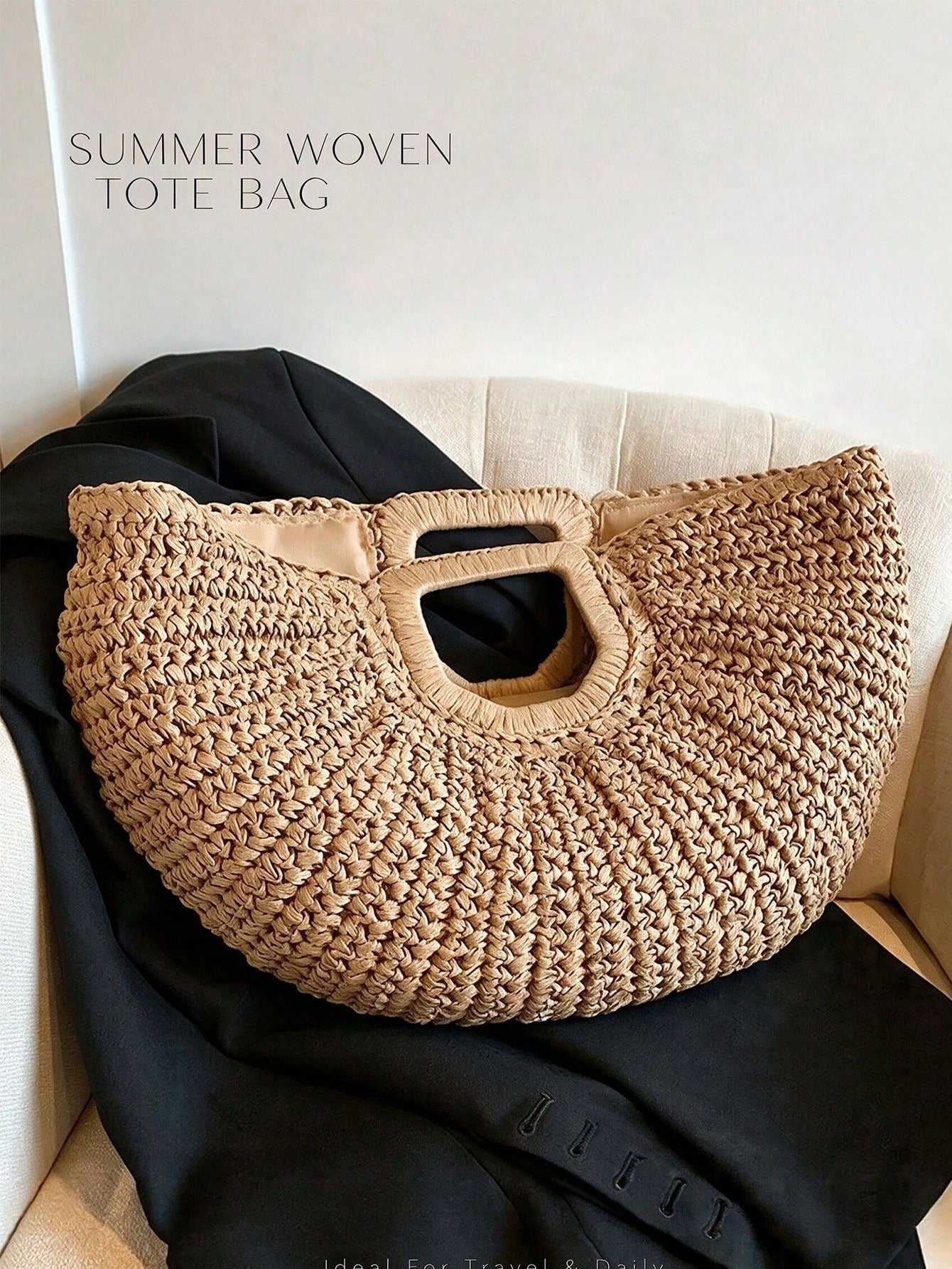 Large Capacity Straw Woven Clutch Bag, Boho Straw Handbag, Cloud Shaped Semi-Circle Design, Summer Travel Beach Bag For Daily Shopping, Straw Bag