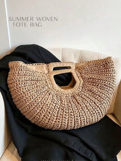 Large Capacity Straw Woven Clutch Bag, Boho Straw Handbag, Cloud Shaped Semi-Circle Design, Summer Travel Beach Bag For Daily Shopping, Straw Bag