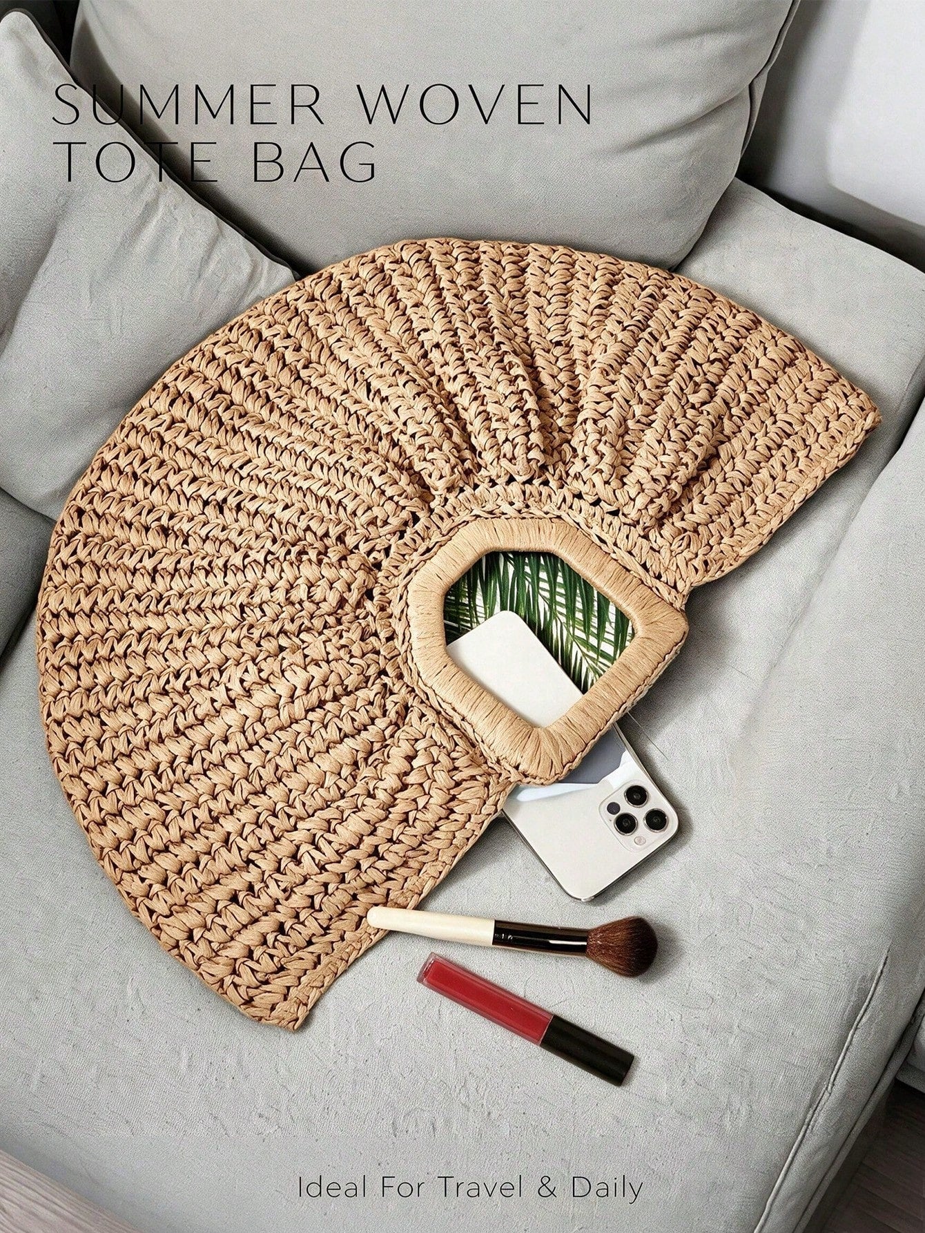 Large Capacity Straw Woven Clutch Bag, Boho Straw Handbag, Cloud Shaped Semi-Circle Design, Summer Travel Beach Bag For Daily Shopping, Straw Bag