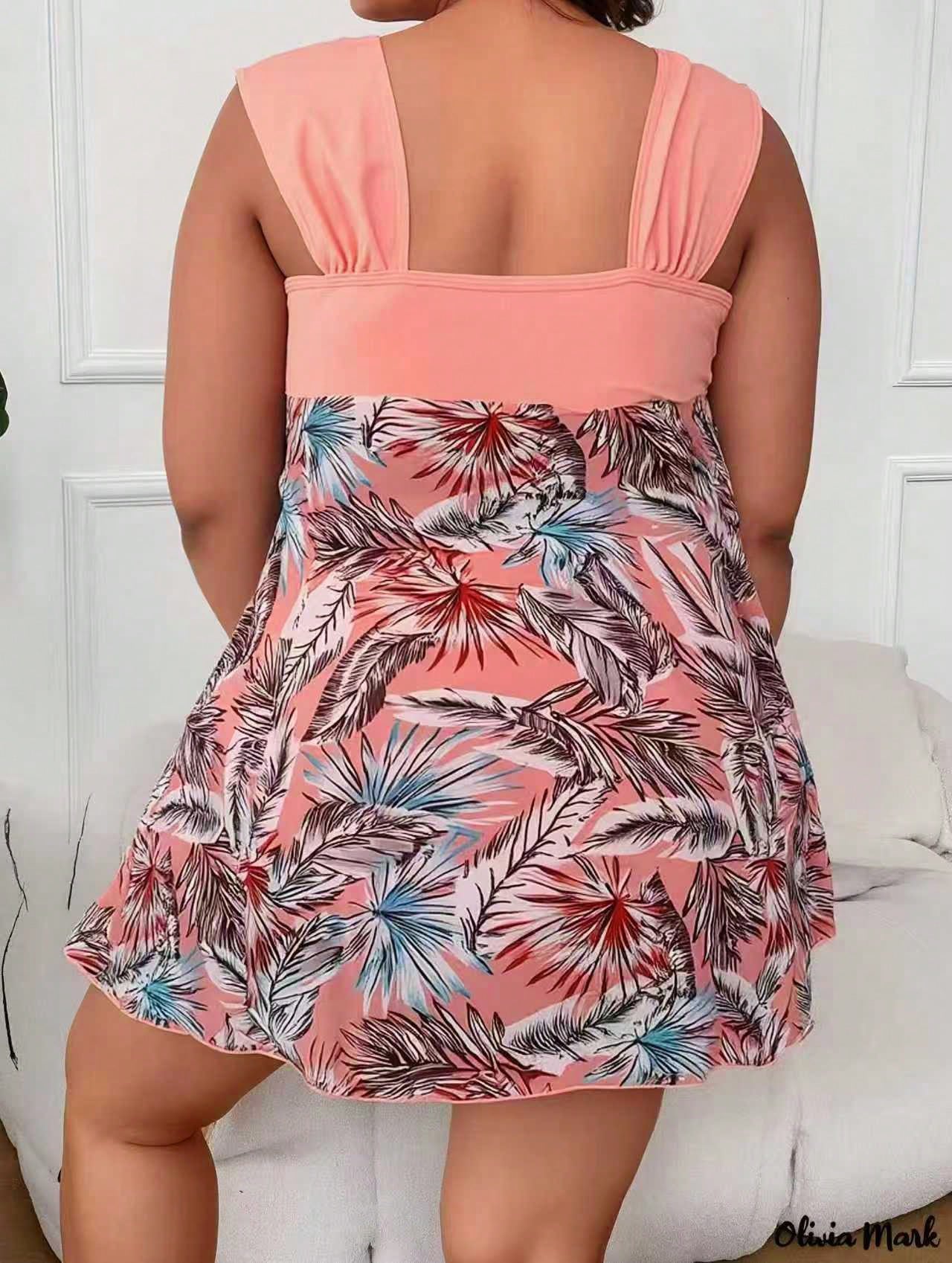 Large Size Women's Square Neck Lace Up Dress Swimsuit With Tropical Leaf Print, High Waist Umbrella