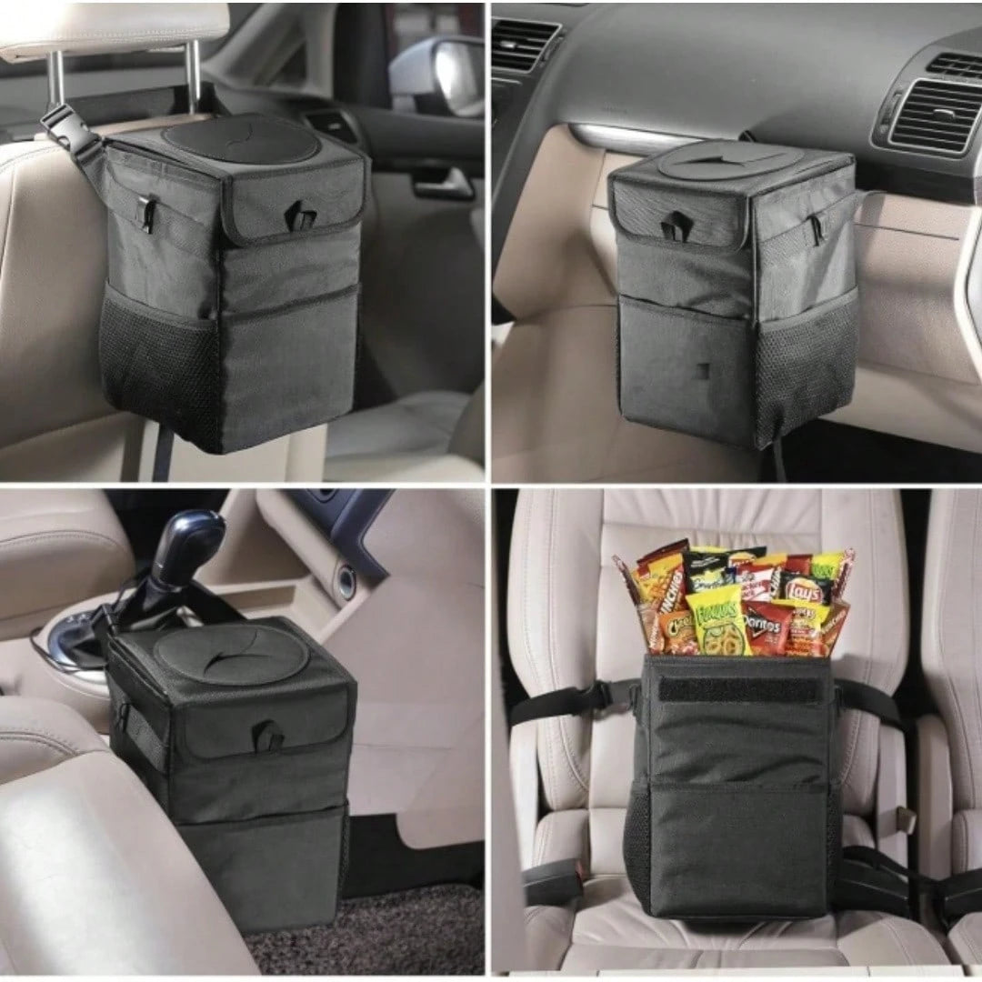 Leakproof Car Trash Can With Lid- Collapsible Automotive Garbage Bin For Trucks & SUVs, Road Trip Essentials Organizer With Storage Bag (Unisex Design)