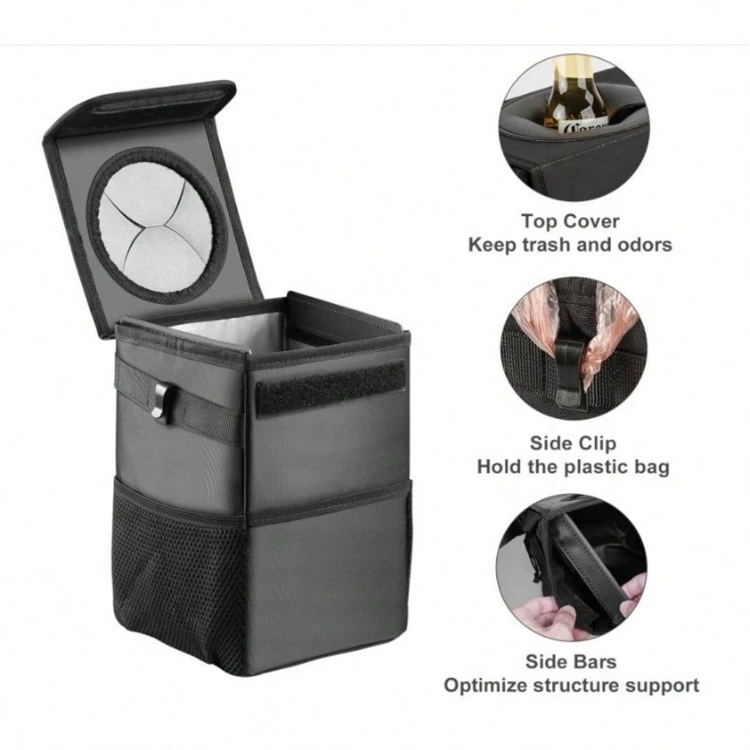 Leakproof Car Trash Can With Lid- Collapsible Automotive Garbage Bin For Trucks & SUVs, Road Trip Essentials Organizer With Storage Bag (Unisex Design)