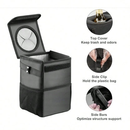 Leakproof Car Trash Can With Lid- Collapsible Automotive Garbage Bin For Trucks & SUVs, Road Trip Essentials Organizer With Storage Bag (Unisex Design)