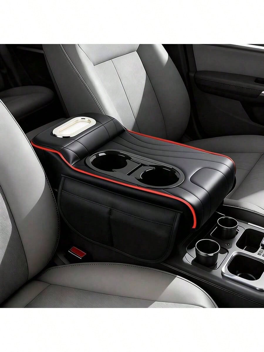 Leather Car Armrest Box Pad, Central Console Cover, Universal Car Armrest Sleeve, Equipped With 2 Cup Holders, Multifunctional Car Tissue Box, Side Storage Pocket Design, Car Interior Accessories, Sui