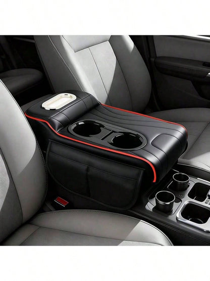 Leather Car Armrest Box Pad, Central Console Cover, Universal Car Armrest Sleeve, Equipped With 2 Cup Holders, Multifunctional Car Tissue Box, Side Storage Pocket Design, Car Interior Accessories, Sui