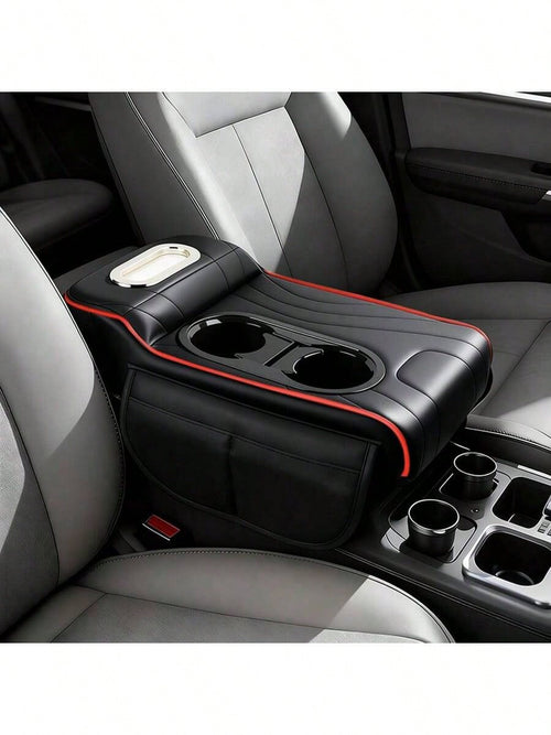 Leather Car Armrest Box Pad, Central Console Cover, Universal Car Armrest Sleeve, Equipped With 2 Cup Holders, Multifunctional Car Tissue Box, Side Storage Pocket Design, Car Interior Accessories, Sui