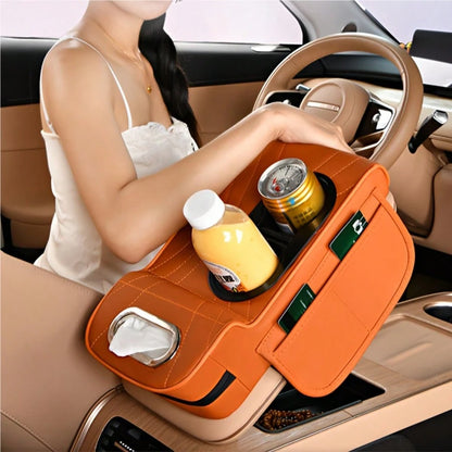 Leather Car Armrest Box Pad, Central Console Cover, Universal Car Armrest Sleeve, Equipped With 2 Cup Holders, Multifunctional Car Tissue Box, Side Storage Pocket Design, Car Interior Accessories, Sui
