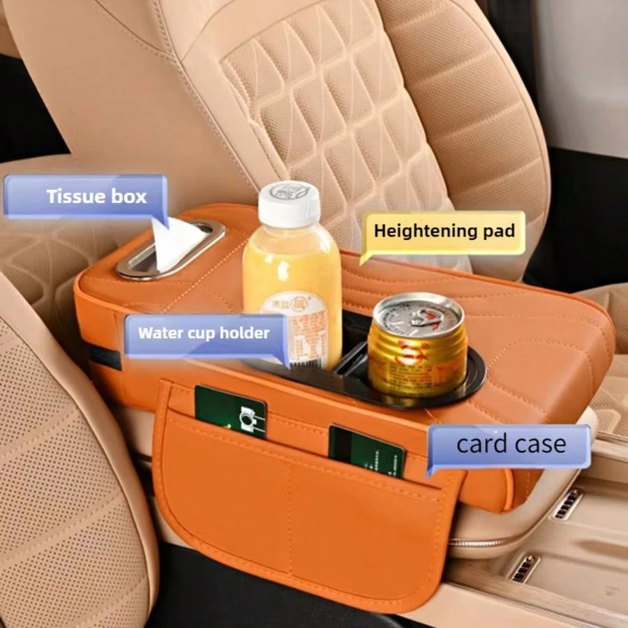 Leather Car Armrest Box Pad, Central Console Cover, Universal Car Armrest Sleeve, Equipped With 2 Cup Holders, Multifunctional Car Tissue Box, Side Storage Pocket Design, Car Interior Accessories, Sui