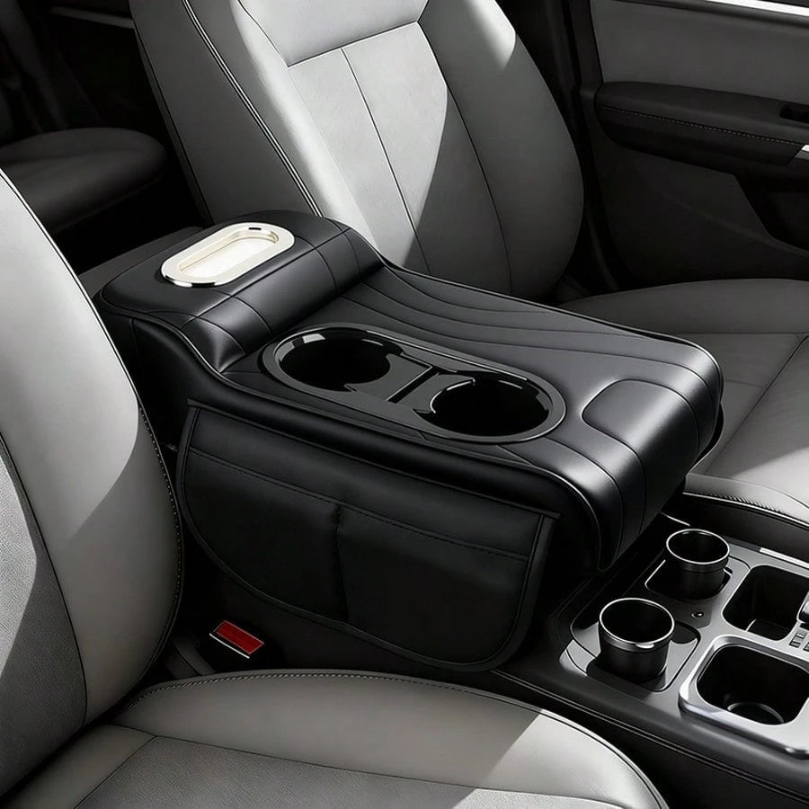 Leather Car Armrest Box Pad, Central Console Cover, Universal Car Armrest Sleeve, Equipped With 2 Cup Holders, Multifunctional Car Tissue Box, Side Storage Pocket Design, Car Interior Accessories, Sui
