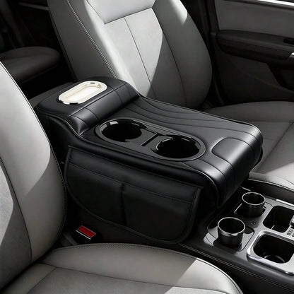 Leather Car Armrest Box Pad, Central Console Cover, Universal Car Armrest Sleeve, Equipped With 2 Cup Holders, Multifunctional Car Tissue Box, Side Storage Pocket Design, Car Interior Accessories, Sui
