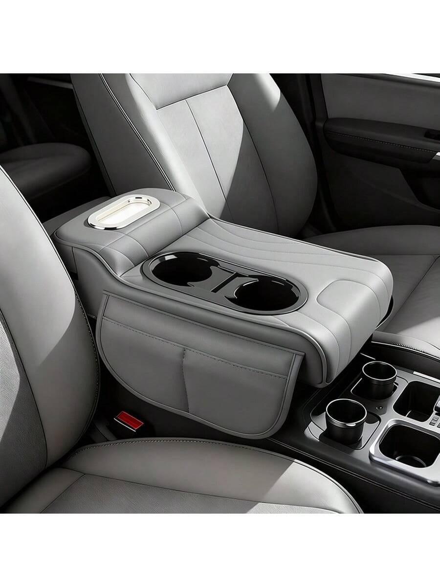 Leather Car Armrest Box Pad, Central Console Cover, Universal Car Armrest Sleeve, Equipped With 2 Cup Holders, Multifunctional Car Tissue Box, Side Storage Pocket Design, Car Interior Accessories, Sui