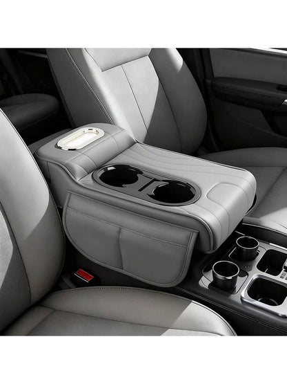 Leather Car Armrest Box Pad, Central Console Cover, Universal Car Armrest Sleeve, Equipped With 2 Cup Holders, Multifunctional Car Tissue Box, Side Storage Pocket Design, Car Interior Accessories, Sui