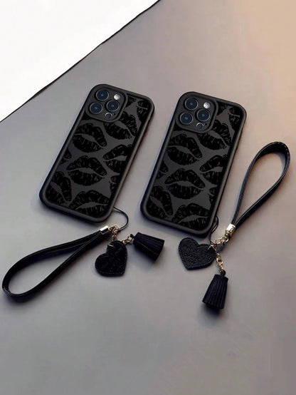 Leather Lip Pattern Fashion Lanyard 1pc Lip Print Thickened Anti-Fall Textured Phone Case With Detachable Leather Heart-Shaped Wrist Strap DIY Pendant Charm, Compatible With Iphone/Compatible With Red