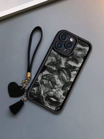 Leather Lip Pattern Fashion Lanyard 1pc Lip Print Thickened Anti-Fall Textured Phone Case With Detachable Leather Heart-Shaped Wrist Strap DIY Pendant Charm, Compatible With Iphone/Compatible With Red