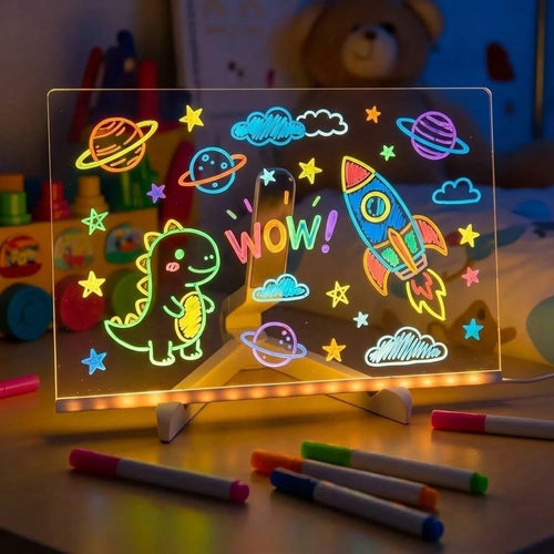 LED Light Up Acrylic Message Board With 12 Neon Pens- 12" X 8" Erasable Glow Note Board For Creative Drawing, Desk Decor & Small Business Signs- USB Powered Night Light Memo Tablet