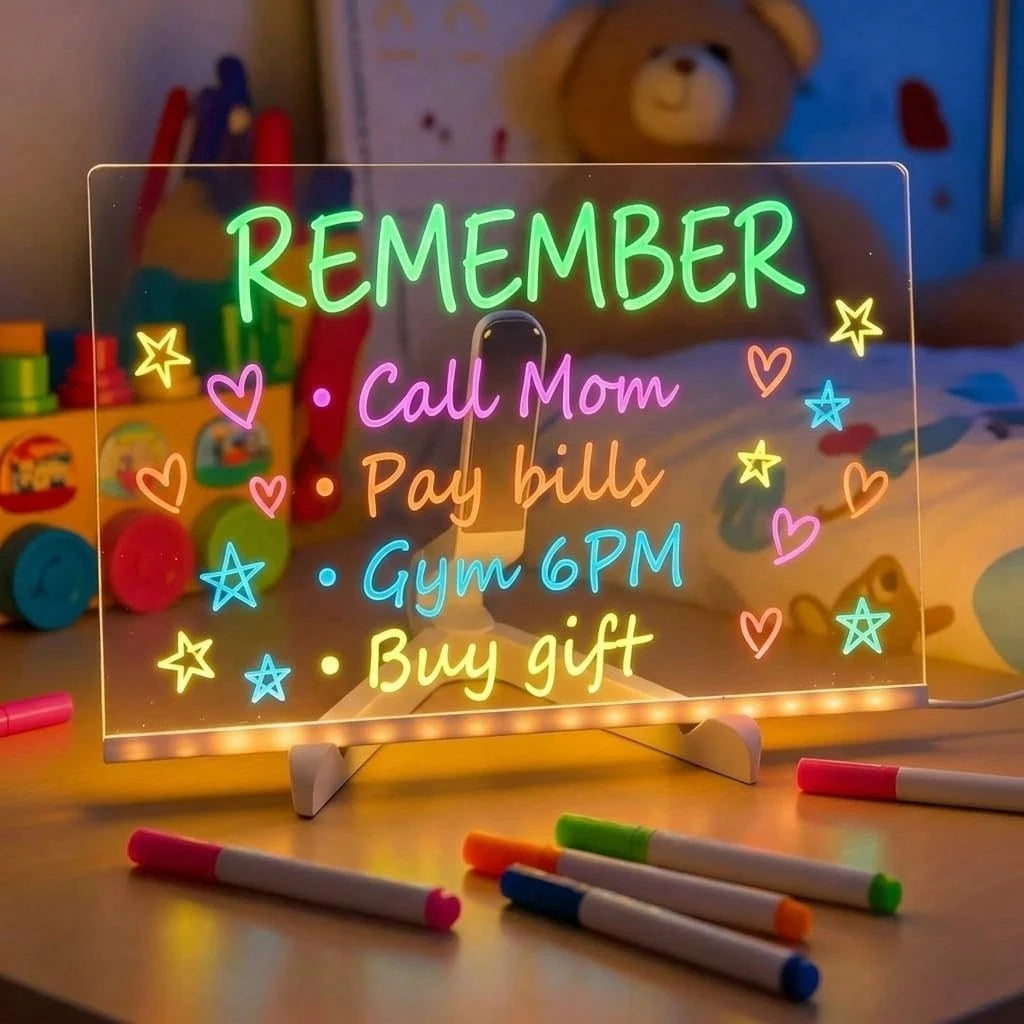 LED Light Up Acrylic Message Board With 12 Neon Pens- 12" X 8" Erasable Glow Note Board For Creative Drawing, Desk Decor & Small Business Signs- USB Powered Night Light Memo Tablet