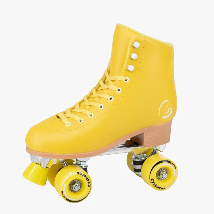Yellow roller skate with brown soles on a white background