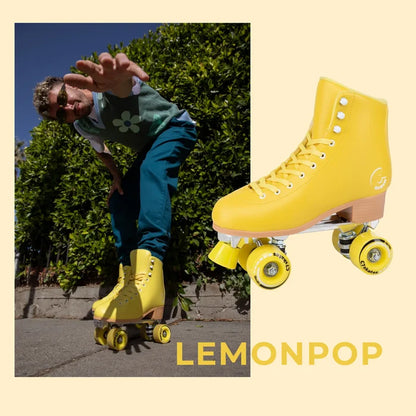 Person roller skating with yellow Lemonpop roller skates on a light background