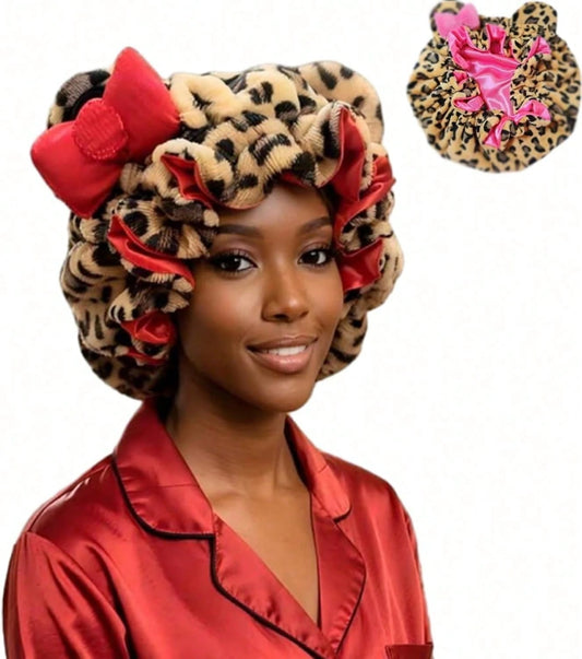 Leopard Print Teddy Bonnet, Ultra-Cozy Comfortable Wearing Experience Helps Reduce Hair Breakage, Durable Bonnets Women And Bonnets Women Silk Style, Portable Shower Cap And Daily Necessary Hair Stuff