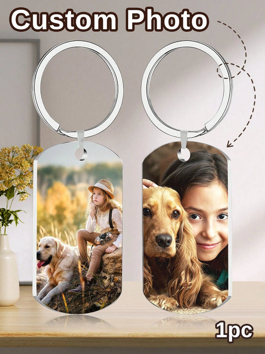 LICVIC 1/2Pcs Custom Photo & Text Stainless Steel Keychain, Personalized Double Sided Keychain, Customized Couple Keyring, Customizable Family & Pet Keychain, Military Tag Key Chain, Birthday Gift, An