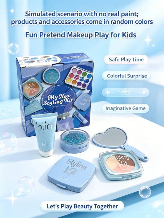 Light Blue Plastic Simulated Makeup Cosmetic Set, Includes Simulated Eyeshadow, Lipstick, Mirror, Makeup Brush, Exquisite Design, Refreshing Color Palette, No Liquid/No Powder/No Paste/No Flammable So