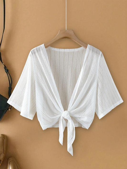 Linhara Plus Size Women Elegant Lace Mesh Sheer Sleeve Beach Cover Up Jacket Tops,White,Casual Summer Blouses Tie Front Top