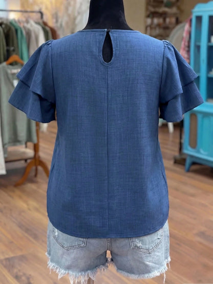 Linhara Plus Size Women's Solid Color Round Neck Double-Layer Short Sleeve Casual Shirt, Pleated Casual Fashion Versatile Summer Holiday Blouse For Ladies