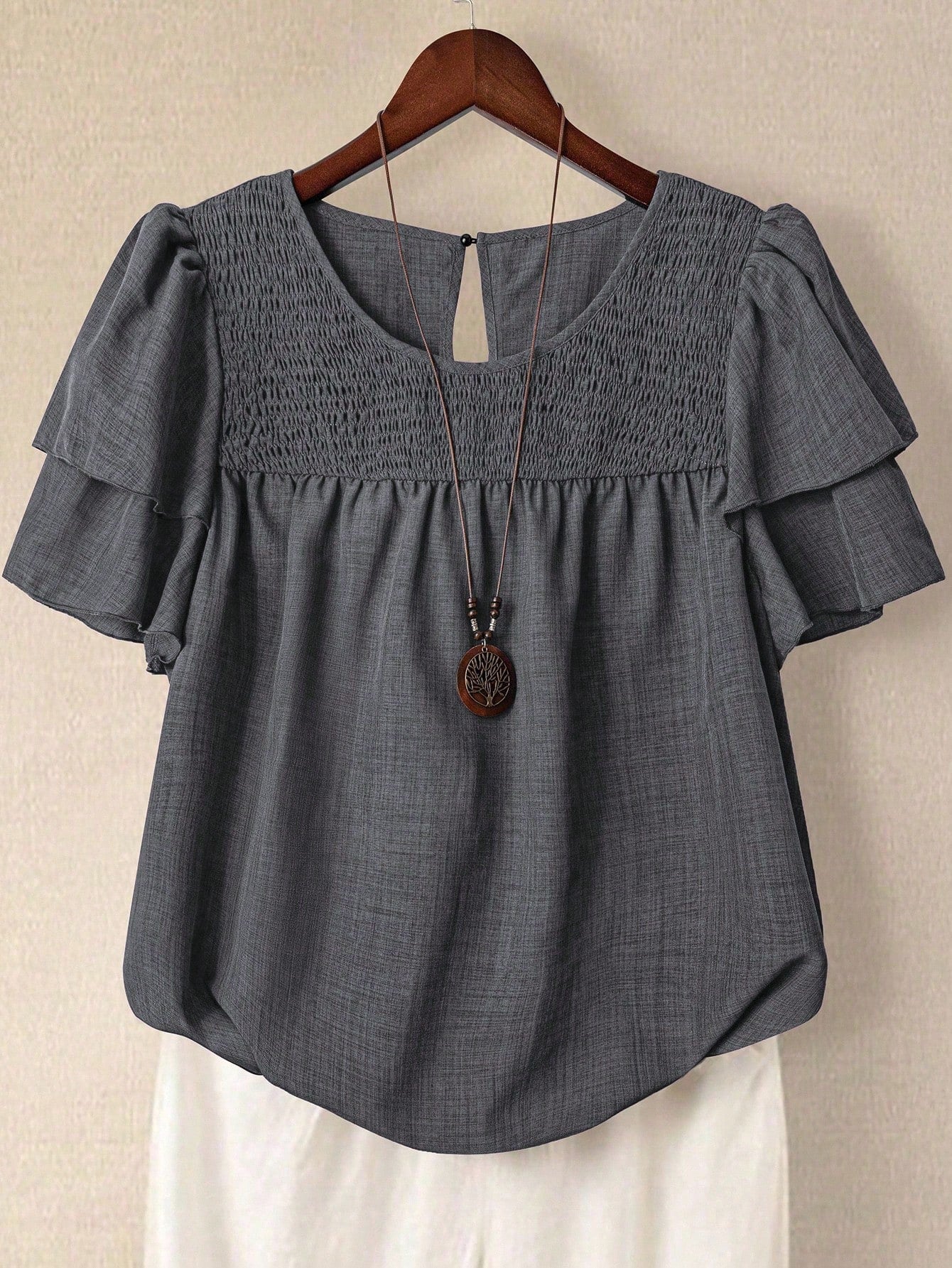 Linhara Plus Size Women's Solid Color Round Neck Double-Layer Short Sleeve Casual Shirt, Pleated Casual Fashion Versatile Summer Holiday Blouse For Ladies