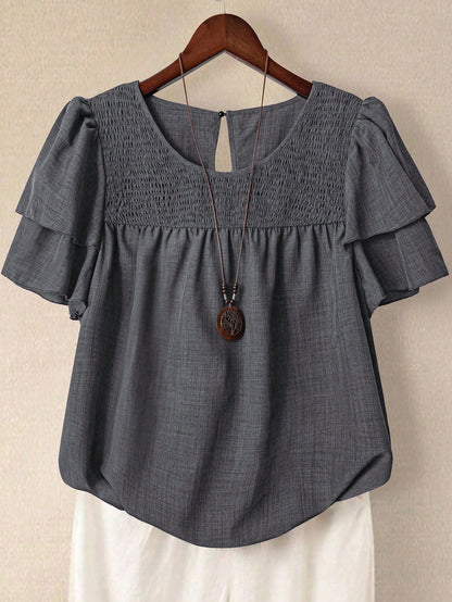 Linhara Plus Size Women's Solid Color Round Neck Double-Layer Short Sleeve Casual Shirt, Pleated Casual Fashion Versatile Summer Holiday Blouse For Ladies