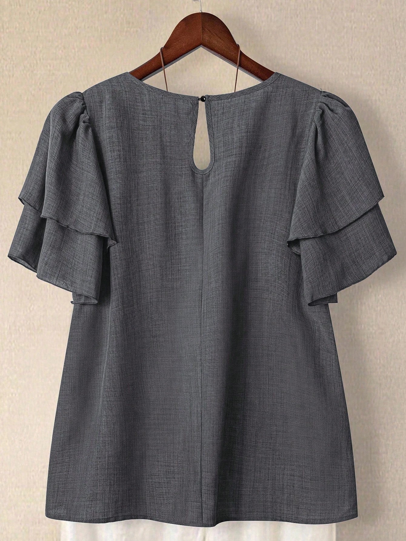 Linhara Plus Size Women's Solid Color Round Neck Double-Layer Short Sleeve Casual Shirt, Pleated Casual Fashion Versatile Summer Holiday Blouse For Ladies