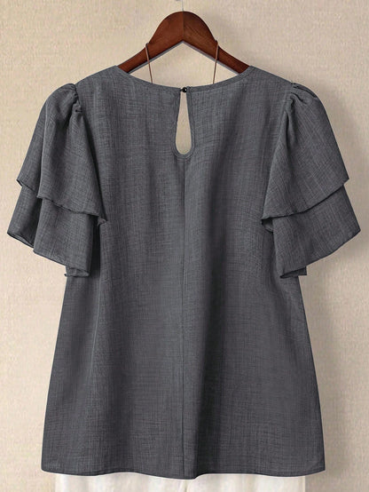 Linhara Plus Size Women's Solid Color Round Neck Double-Layer Short Sleeve Casual Shirt, Pleated Casual Fashion Versatile Summer Holiday Blouse For Ladies