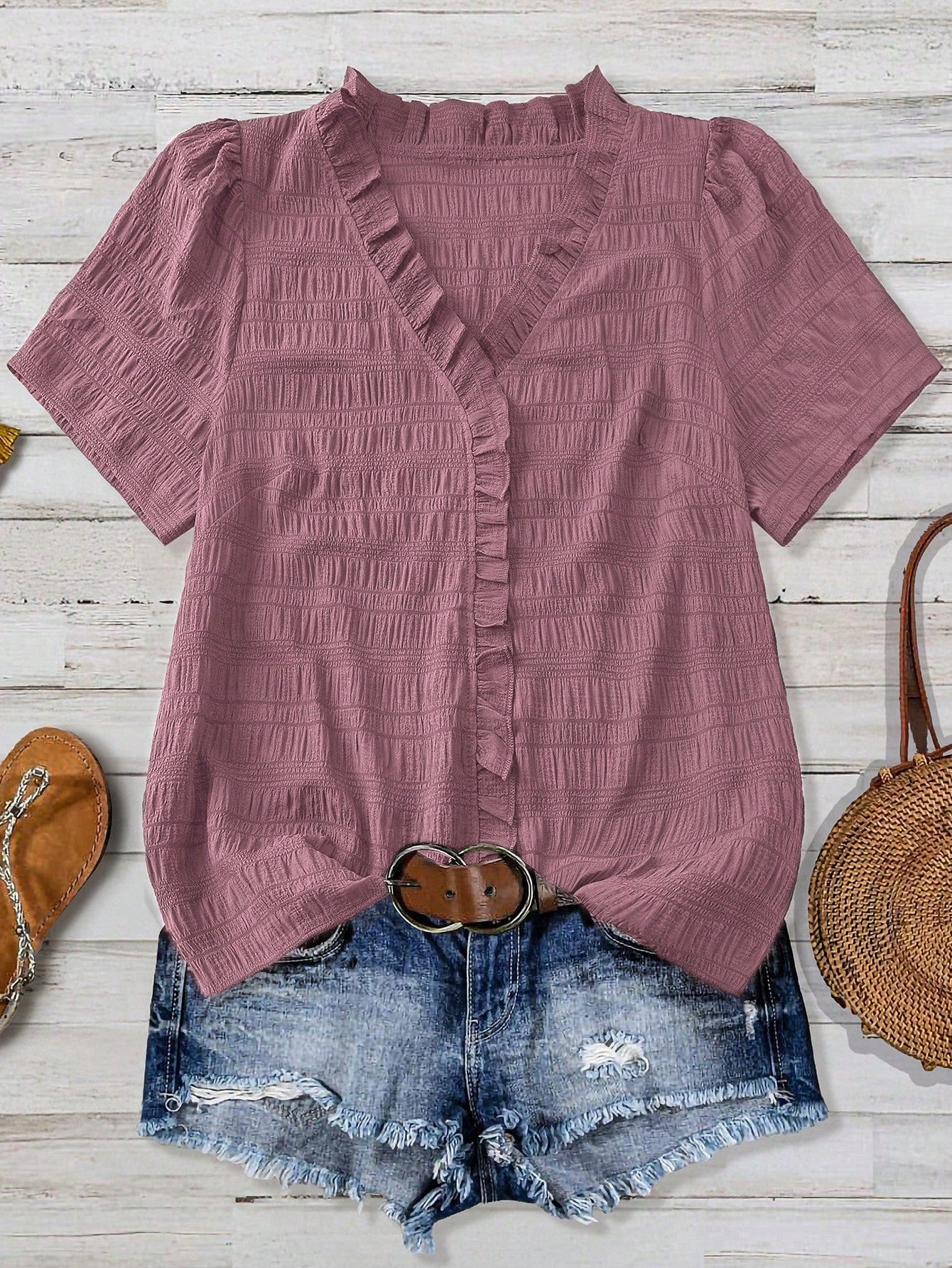 Linhara Plus Size Women's Solid Color Textured V-Neck Short Sleeve Casual Regular Blouse, Suitable For Going Out, Vacation, Club