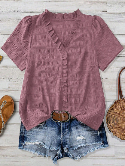 Linhara Plus Size Women's Solid Color Textured V-Neck Short Sleeve Casual Regular Blouse, Suitable For Going Out, Vacation, Club