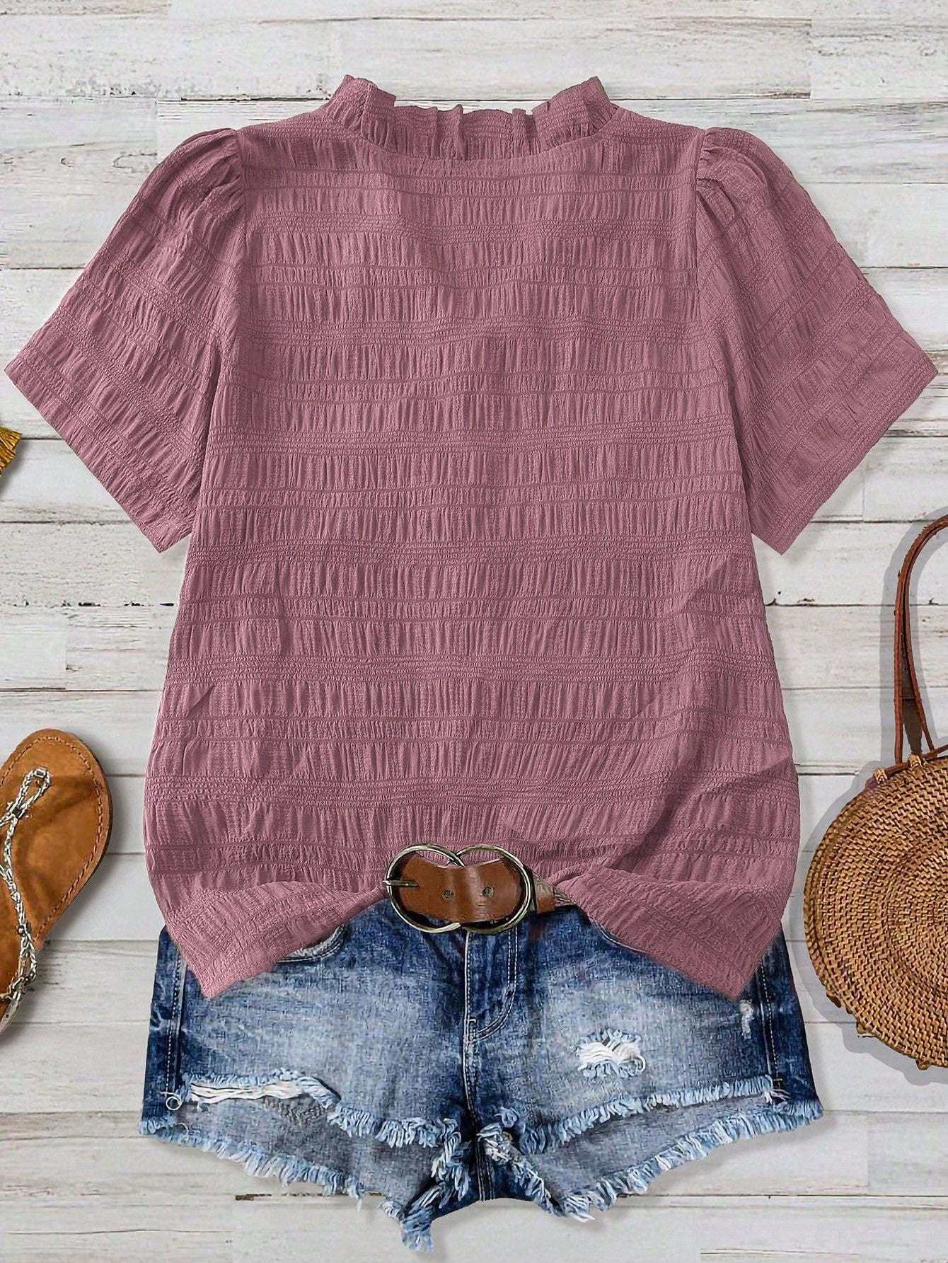 Linhara Plus Size Women's Solid Color Textured V-Neck Short Sleeve Casual Regular Blouse, Suitable For Going Out, Vacation, Club