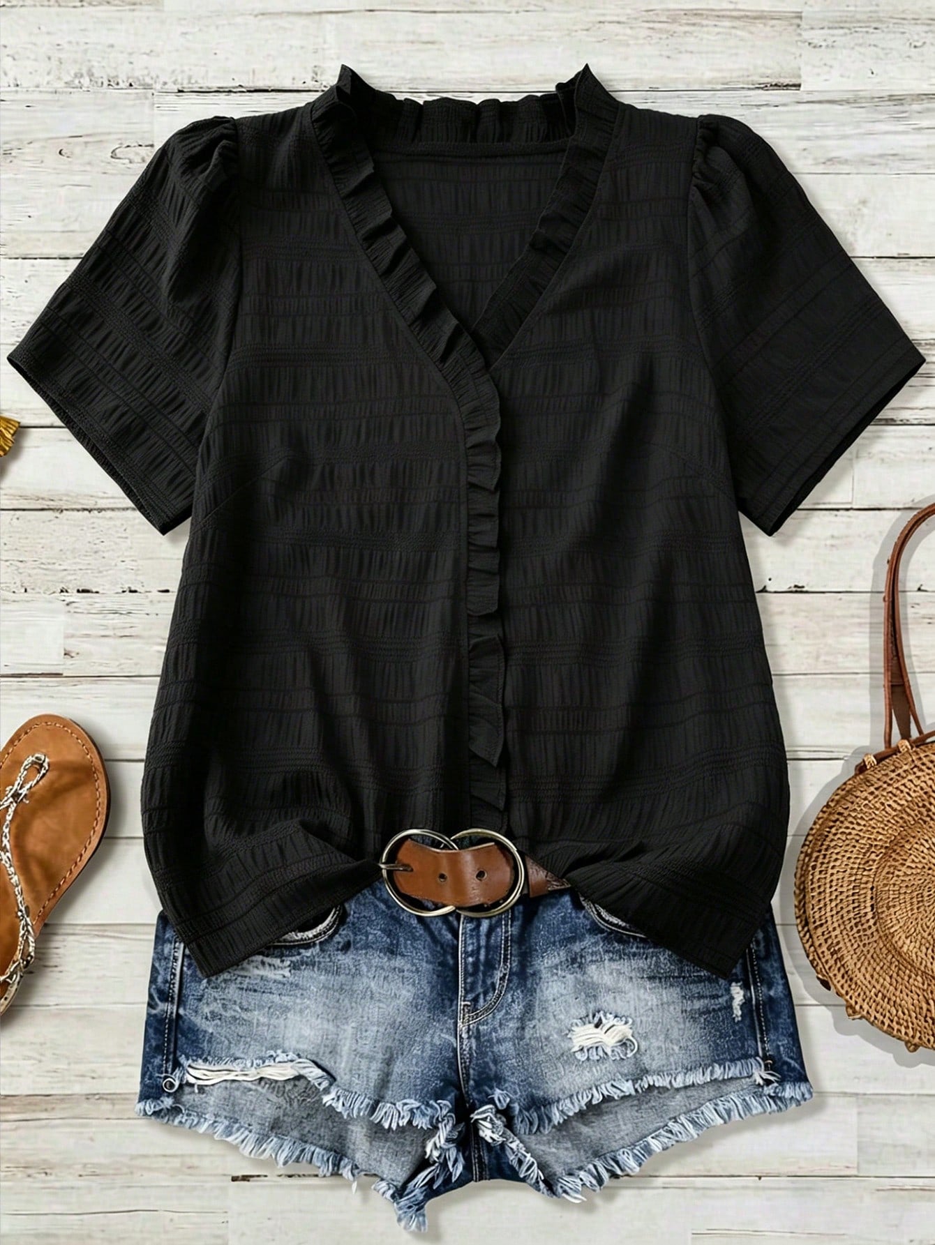 Linhara Plus Size Women's Solid Color Textured V-Neck Short Sleeve Casual Regular Blouse, Suitable For Going Out, Vacation, Club