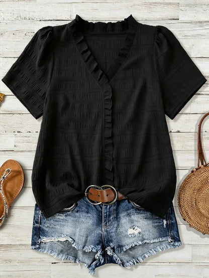 Linhara Plus Size Women's Solid Color Textured V-Neck Short Sleeve Casual Regular Blouse, Suitable For Going Out, Vacation, Club