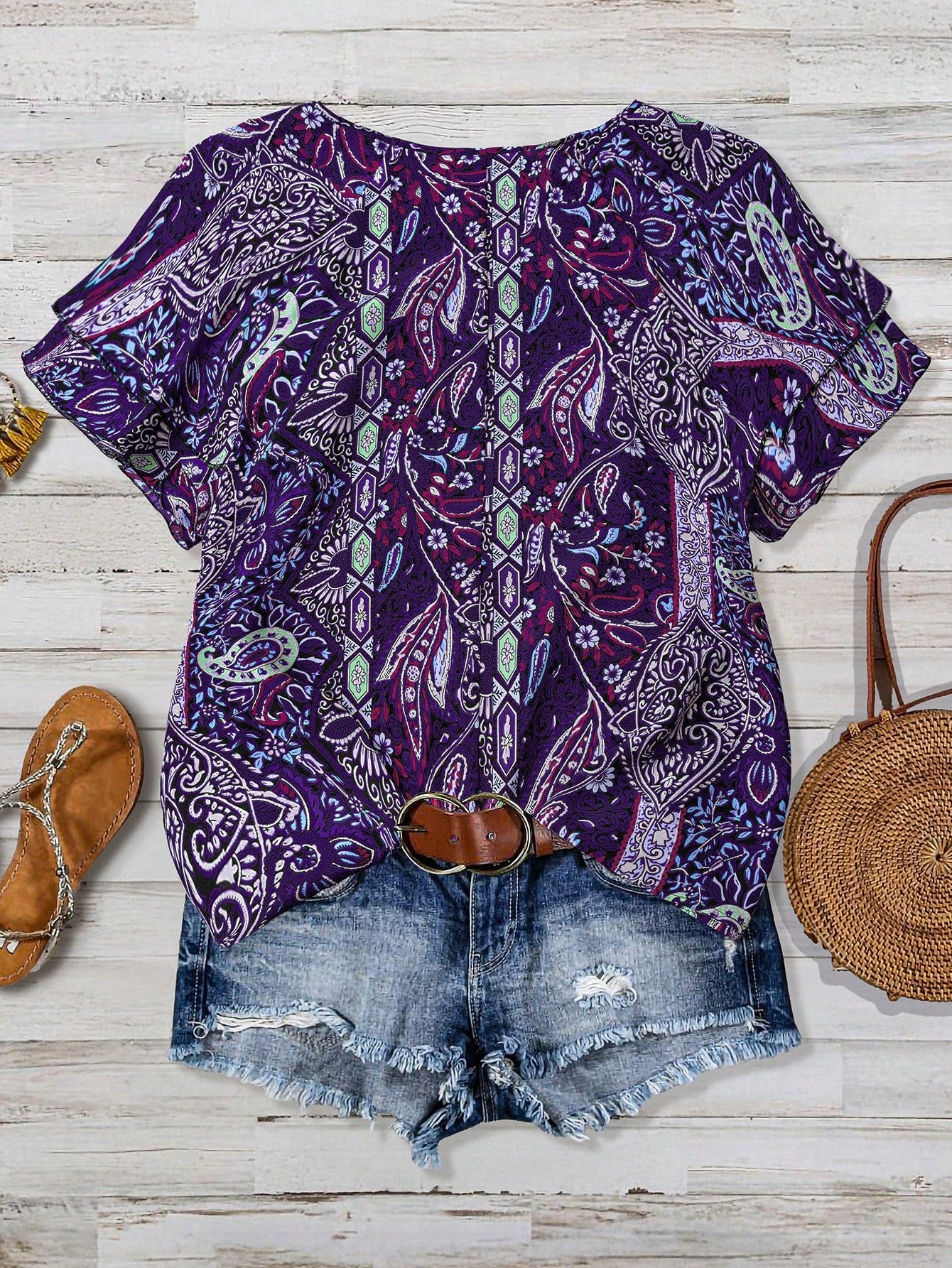 Linhara Plus Size Women's Vacation Style Cashew Flower Ruffle Sleeve Shirt, Summer