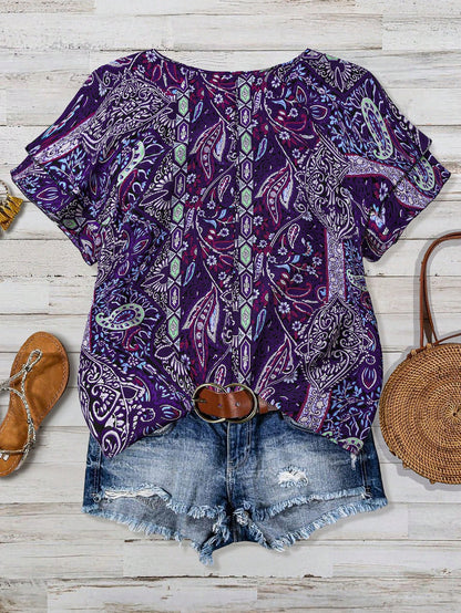 Linhara Plus Size Women's Vacation Style Cashew Flower Ruffle Sleeve Shirt, Summer