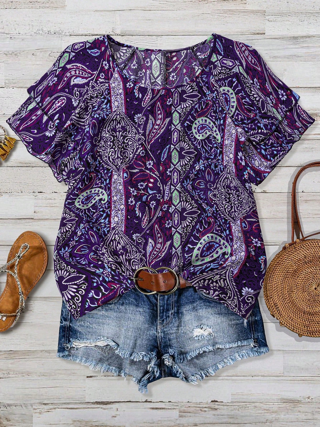 Linhara Plus Size Women's Vacation Style Cashew Flower Ruffle Sleeve Shirt, Summer