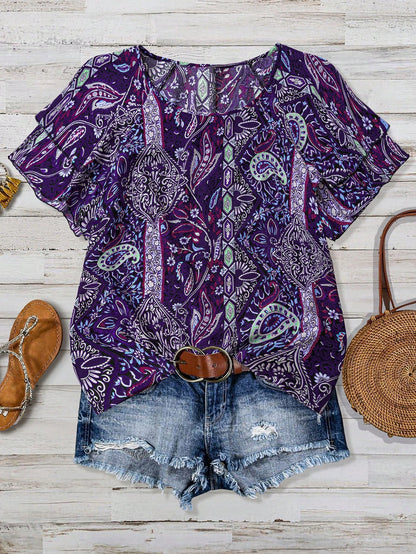 Linhara Plus Size Women's Vacation Style Cashew Flower Ruffle Sleeve Shirt, Summer