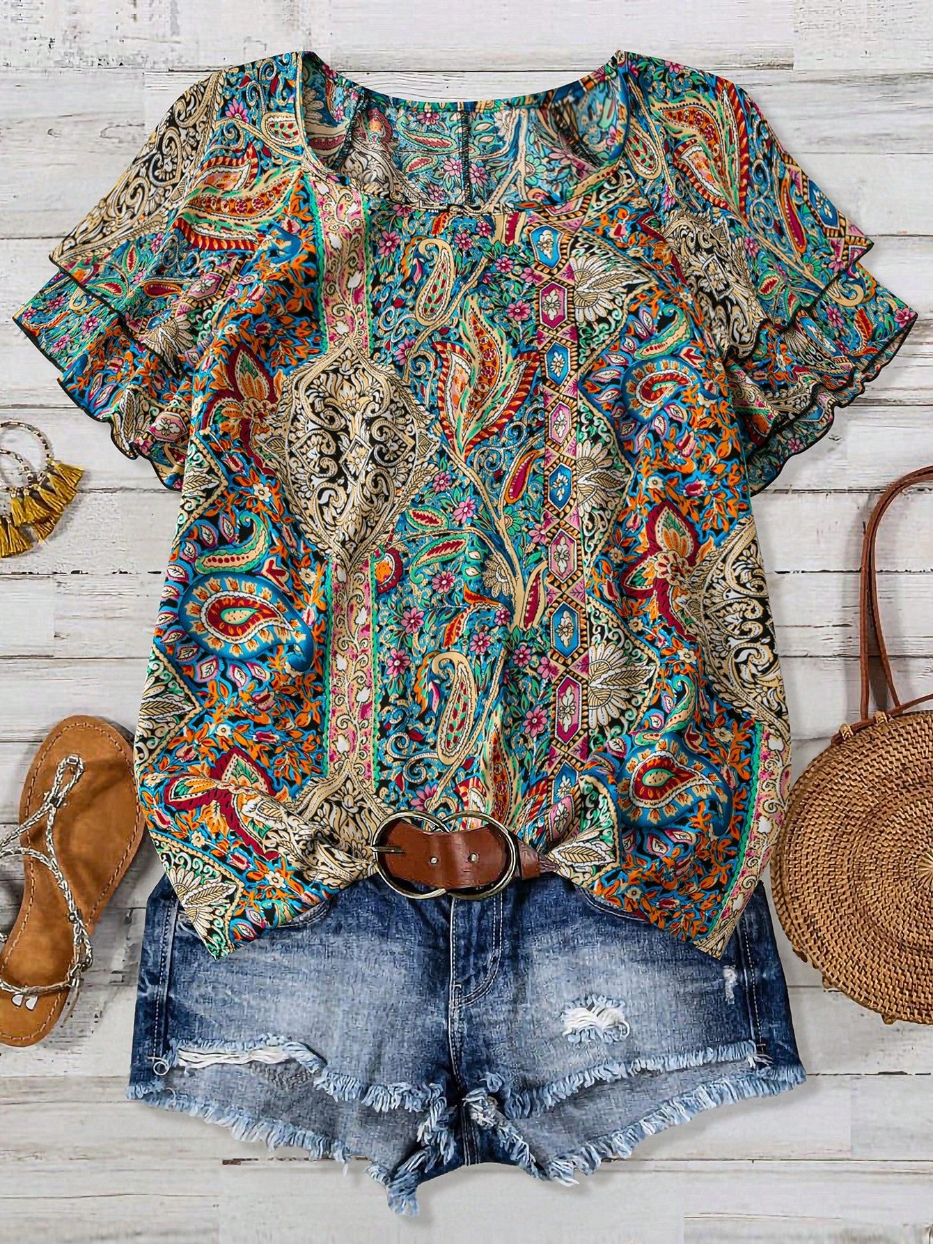 Linhara Plus Size Women's Vacation Style Cashew Flower Ruffle Sleeve Shirt, Summer