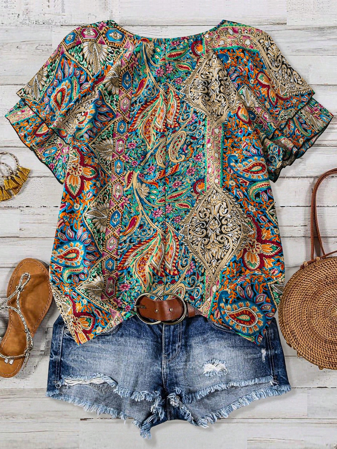 Linhara Plus Size Women's Vacation Style Cashew Flower Ruffle Sleeve Shirt, Summer