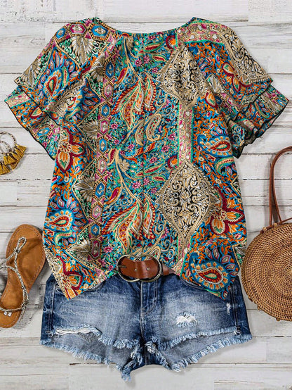 Linhara Plus Size Women's Vacation Style Cashew Flower Ruffle Sleeve Shirt, Summer
